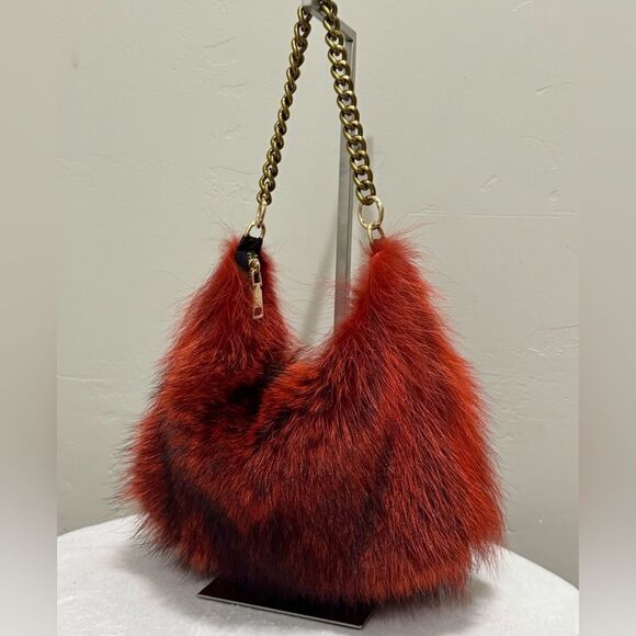 Burnt Orange Real Raccoo Fur Slouchy Bag/Hobo Bag/ Crossbody/Multi Use Style - Picture 9 of 16